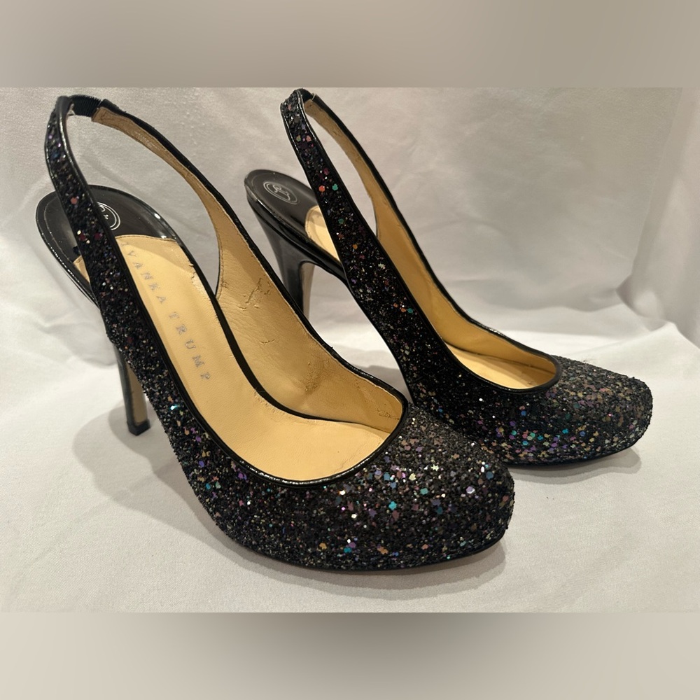 Ivanka Trump Black Glitter Stiletto Slingback Heels Size 8M